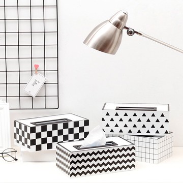 ins簡約北歐客廳茶幾木質紙巾盒創意家居黑白格子餐巾紙盒抽紙盒