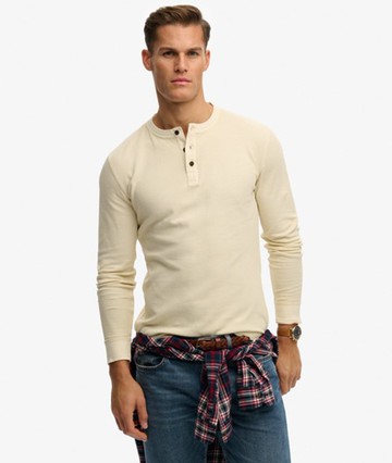 Superdry Men's Lightweight Textured Grandad Top Cream Size: XL