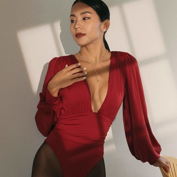Francy法式性感bodysuit 深V長袖收腰連身衣 - 4色