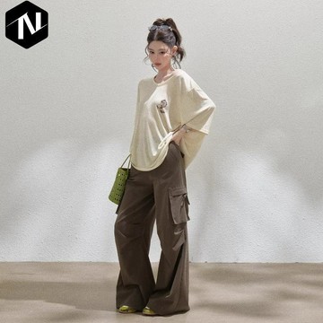 【Nico】🍋有貨🍋金靚 官圖【熱銷 原版做法】印花短袖T恤女夏休閒落肩中長款上衣 短袖T恤 半袖上衣