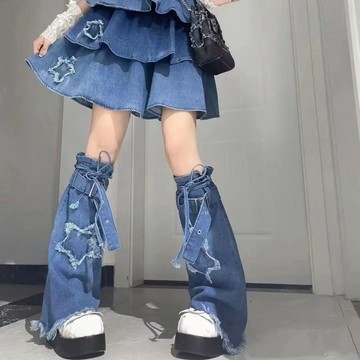 熱銷🔥新品 襪套 y2k 藍色腿套 辣妹 水洗 牛仔腿套 復古 堆堆襪 jk 抽繩設計感 綁帶中筒襪套 牛仔襪套