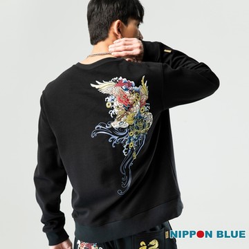 日本藍 BLUE WAY – 金標福氣莽莽繡花拼接圓領長TEE(黑)