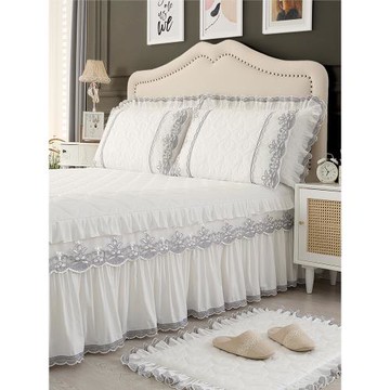 夾棉單件床裙蕾絲單獨床罩純棉全棉床蓋床單帶裙邊遮丑下擺灰艾白