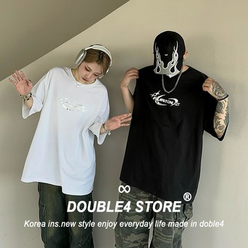 【DOUBLE4】韓國 重磅 寬鬆 液態金屬 大版短袖 Y2K 男女 短T 36499