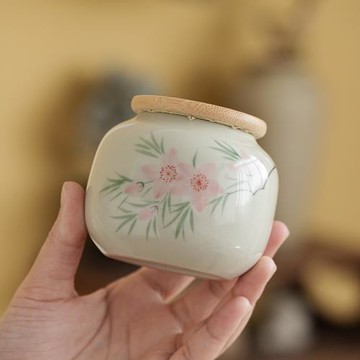 手繪桃花茶葉罐迷你小號便攜陶瓷茶葉儲存罐防潮密封罐存茶罐茶倉
