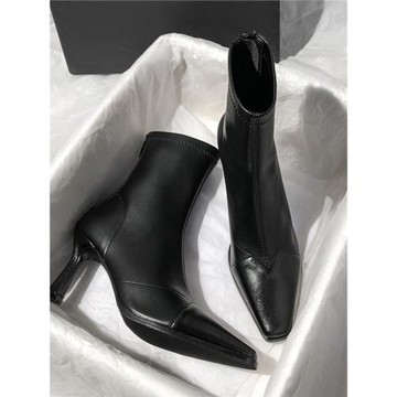 2025年新款黑色方頭高跟氣質瘦瘦靴細跟簡約彈力靴韓版百搭短靴女