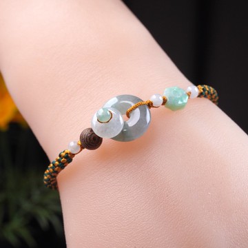 冰種飄綠翡翠平安扣編織手鍊 | 天然緬甸玉翡翠A貨 | 送禮