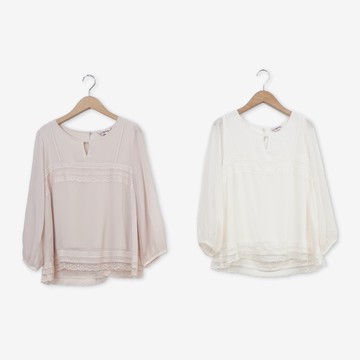 【CUMAR】假兩件式氣質蕾絲十字星點雪紡襯衫 粉 米