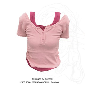 假兩件大碼胖妹妹撞色短袖T恤設計感別致上衣女夏顯瘦短款打底衫【不二雜貨】