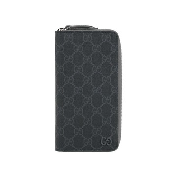 Gucci Logo GG Supreme 塗層帆布ㄇ形拉鍊全開長夾(黑灰色)