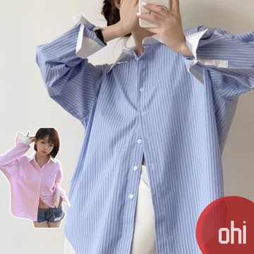 【ohi】粉色條紋長袖襯衫 慵懶風氣質休閒 長袖襯衫 學院風襯衫女 女生襯衫 襯衣 襯衫 上衣 女裝 GSN104