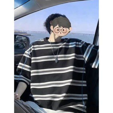 美式潮牌撞色條紋短袖T恤男夏季寬松休閑輯明線設計感半袖上衣服