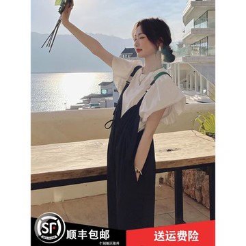背帶褲女兩件套2025夏季新款洋氣減齡顯瘦韓版寬松休閑闊腿褲套裝