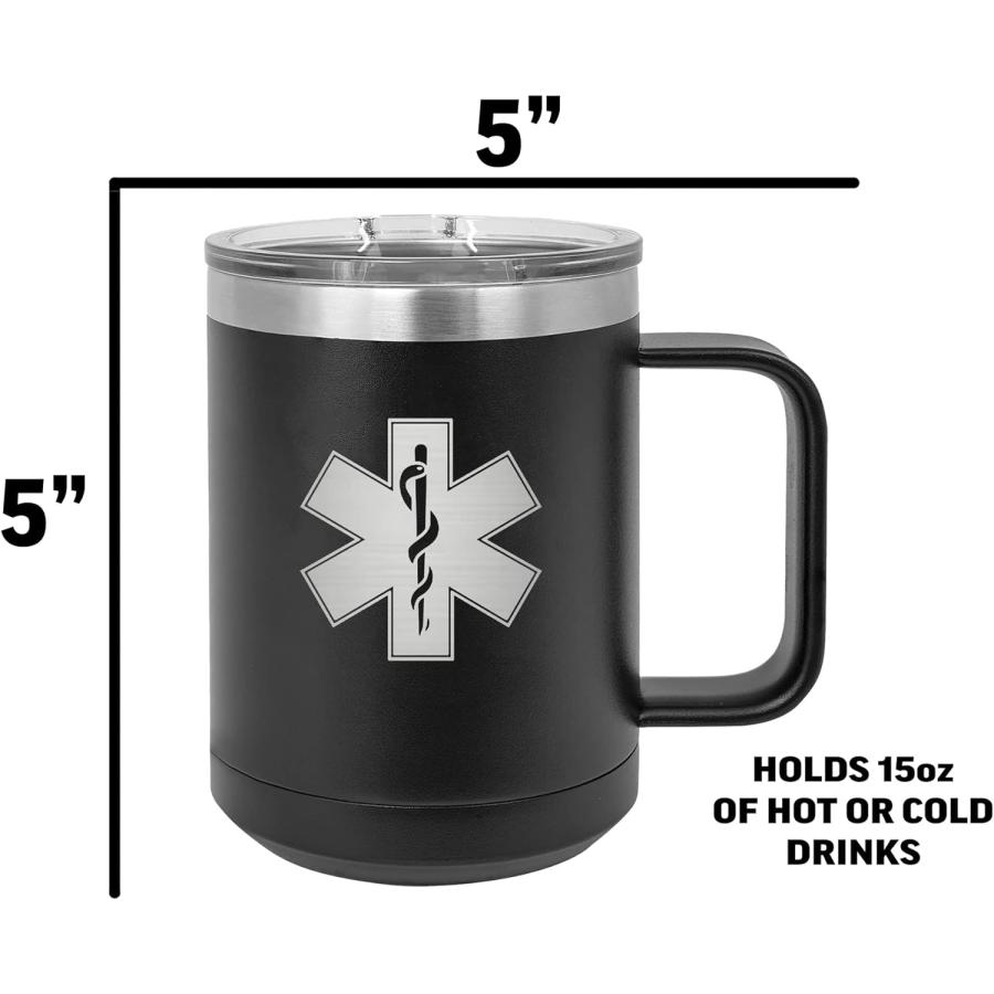 Rogue River Tactical Black EMT Star of Life Logo Stainless Steel Coffee Mug Tumbler With Lid Novelty Cup Great Gift Idea For EMT EMS or Paramedic