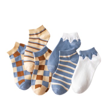 大唐襪業 D335隱形襪短襪子日系學院風船襪撞色格子條紋潮襪