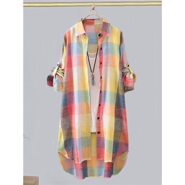 格子襯衫外套女春秋開衫外搭前短后長上衣寬松洋氣棉麻襯衣中長款