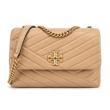 TORY BURCH KIRA 雙T金字LOGO鍊斜紋衍縫翻蓋兩用包-小/奶茶
