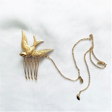 黃銅 鳥兒造型 髮鍊 髮梳