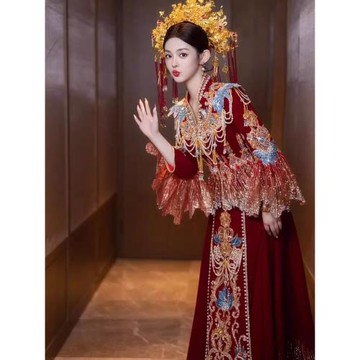 小個子秀禾服新娘結婚150絲絨高級奢華顯瘦禾秀服龍鳳褂嫁衣女145