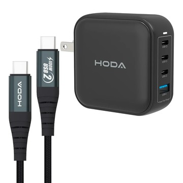 HODA 好貼 GaN氮化鎵100W智慧方型四孔電源供應器 附充電線  黑色  1組