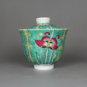清同治粉彩白菜紋蓋杯單杯 古玩古董陶瓷器手工仿古老貨收藏擺件