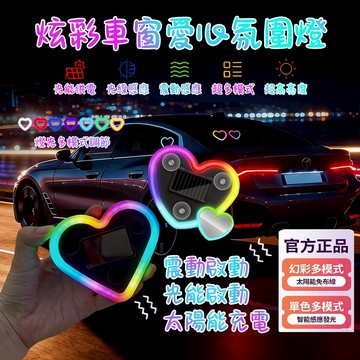 台灣現貨🔥汽車太陽能Led氛圍感應燈 三角窗內飾愛心霓虹燈 玻璃霓虹發光燈 車內免接線氛圍警示燈 車載多色彩虹裝飾氣氛燈