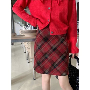 暗紅格子半身裙加長a字裙胖mm復古紅色毛呢中裙紅黑半裙格紋短裙