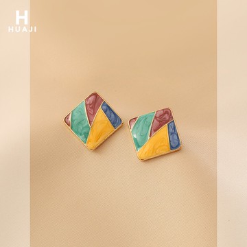花跡琺瑯彩方形耳釘女高級感簡約小巧幾何耳環夏季小眾設計感耳飾