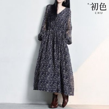 初色 法式文藝V領長袖印花碎花寬鬆系帶雪紡中長裙連衣裙連身洋裝-花色-50595(M-2XL可選)