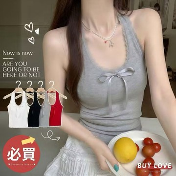 【買到戀愛】 蕾絲邊蝴蝶結背心 帶胸墊上衣 小可愛【B996】