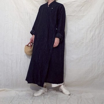 法國亞麻 長袖中式斜襟長衫 外衣 藏青條紋