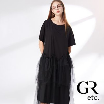 【GLORY21】網路獨賣款-etc.俏麗蕾絲拼接圓領短袖洋裝-黑色