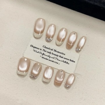 💖台灣出貨💖自由百搭純手工穿戴甲法式貓眼碎鑽爆閃顯白婚紗美甲氣質顯白純欲