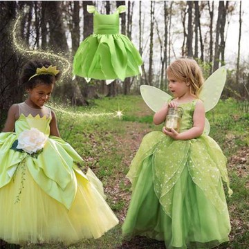 新夏款小精靈連衣裙tinker bell歐美跨境女童公主裙Tiana扮演