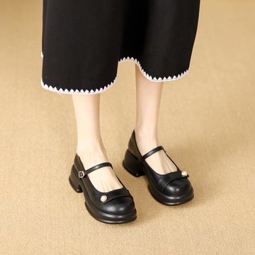 真皮厚底瑪麗珍女鞋2025新款秋季英倫小皮鞋淺口法式單鞋黑色小碼