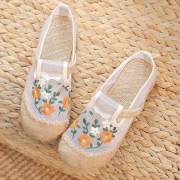 老北京布鞋女夏季透氣繡花網紗休閑鞋輕便軟底復古學生懶人漁夫鞋