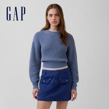 【GAP】100%純棉筒袖短版線衫-灰藍色/米白色(881634)