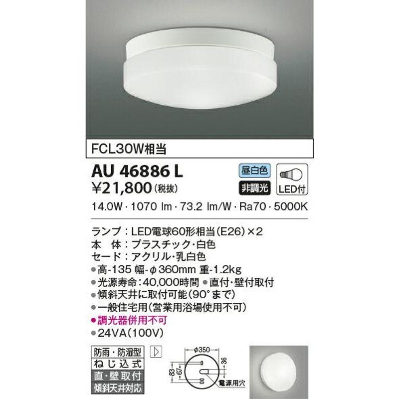 コイズミ照明 防雨・防湿型軒下シーリング LEDランプタイプ FCL30W相当 昼白色 白色 AU46886L - 2