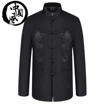 中國風春季中老年唐裝男紅色中式上衣厚款爸爸裝春款夾克純棉外套