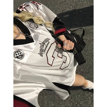 [HYC] 韓國設計 街頭 數字3 撞色 拼接 網面 寬鬆 短袖 球衣 T恤 運動服 jazz 跳舞 復古球衣【Y116