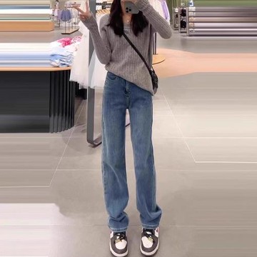 春夏2025年新款窄版闊腿直筒牛仔褲女高腰顯瘦顯高復古藍煙管褲子