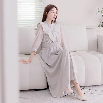 【早春新品】HS 浪漫波浪領洋裝 杏色