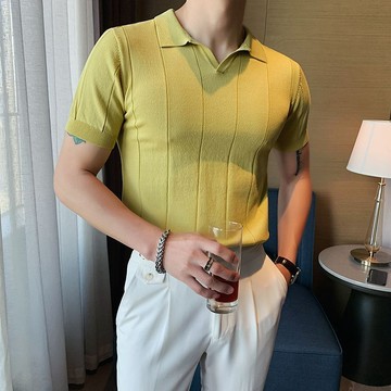 卡尼爾男裝-高端冰丝短袖T恤男士夏季2024新款商务男装上衣痞帅v领针织POLO衫