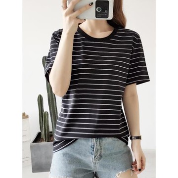 黑白橫條紋T恤女半袖半截短袖重磅2025新款寬松上衣純棉韓版夏裝
