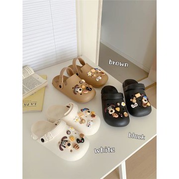 細細條 韓版可愛小狗洞洞鞋男女夏季戶外時尚百搭情侶包頭涼拖鞋