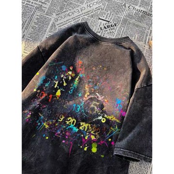 水洗做舊重磅純棉短袖T恤男女夏季潮牌創意涂鴉印花寬松情侶體恤