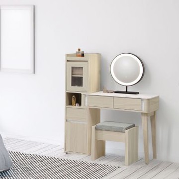 文創集 利奇亞2.7尺岩板可伸縮LED鏡面鏡台/化妝台組合(含可收納化妝椅)-82x40x128-cm免組