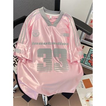 V領短袖t恤男款夏季潮牌寬松休閑五分袖上衣美式冰絲印花運動球衣