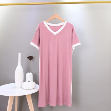 夏季莫代爾螺紋拼接V領薄款短袖睡裙寬松大碼家居服睡衣可外穿