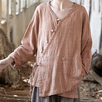 【米蘭精品】現貨+預購 新中式罩衫棉麻襯衫手工亞麻上衣夏季女裝大尺碼-長袖扎染斜襟女上衣3色74lw26